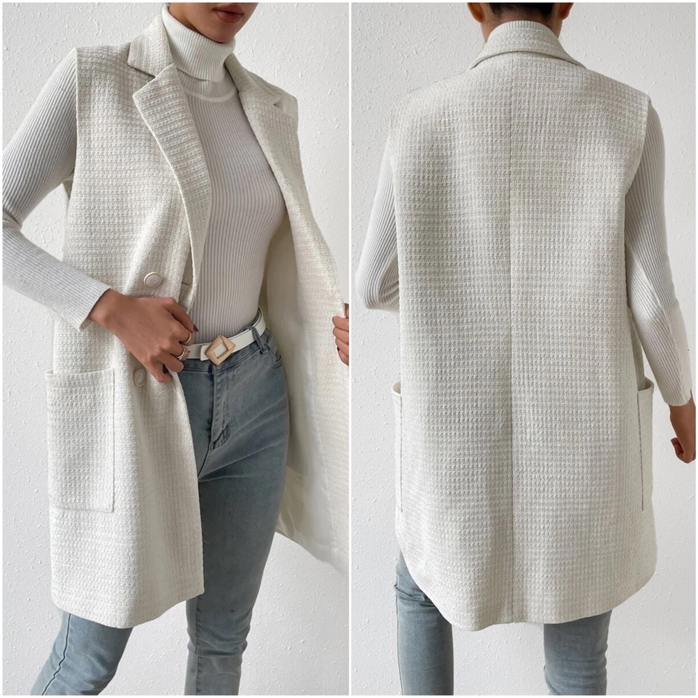 Classic Button up Double Breasted Textured Long Blazer Jacket - Picture 3 of 4